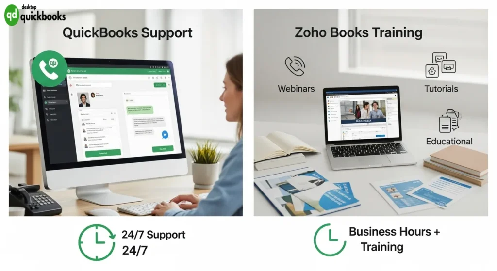 Customer Support, Training Resources, Ideal Use Cases & Business Fit Zoho Books vs QuickBooks